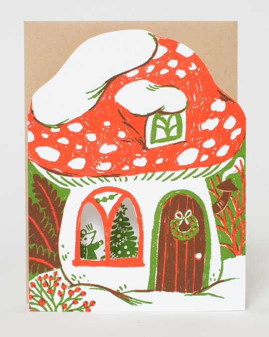 Merry Mushroom House Letterpress Holiday Greeting Card by Phoebe Wahl