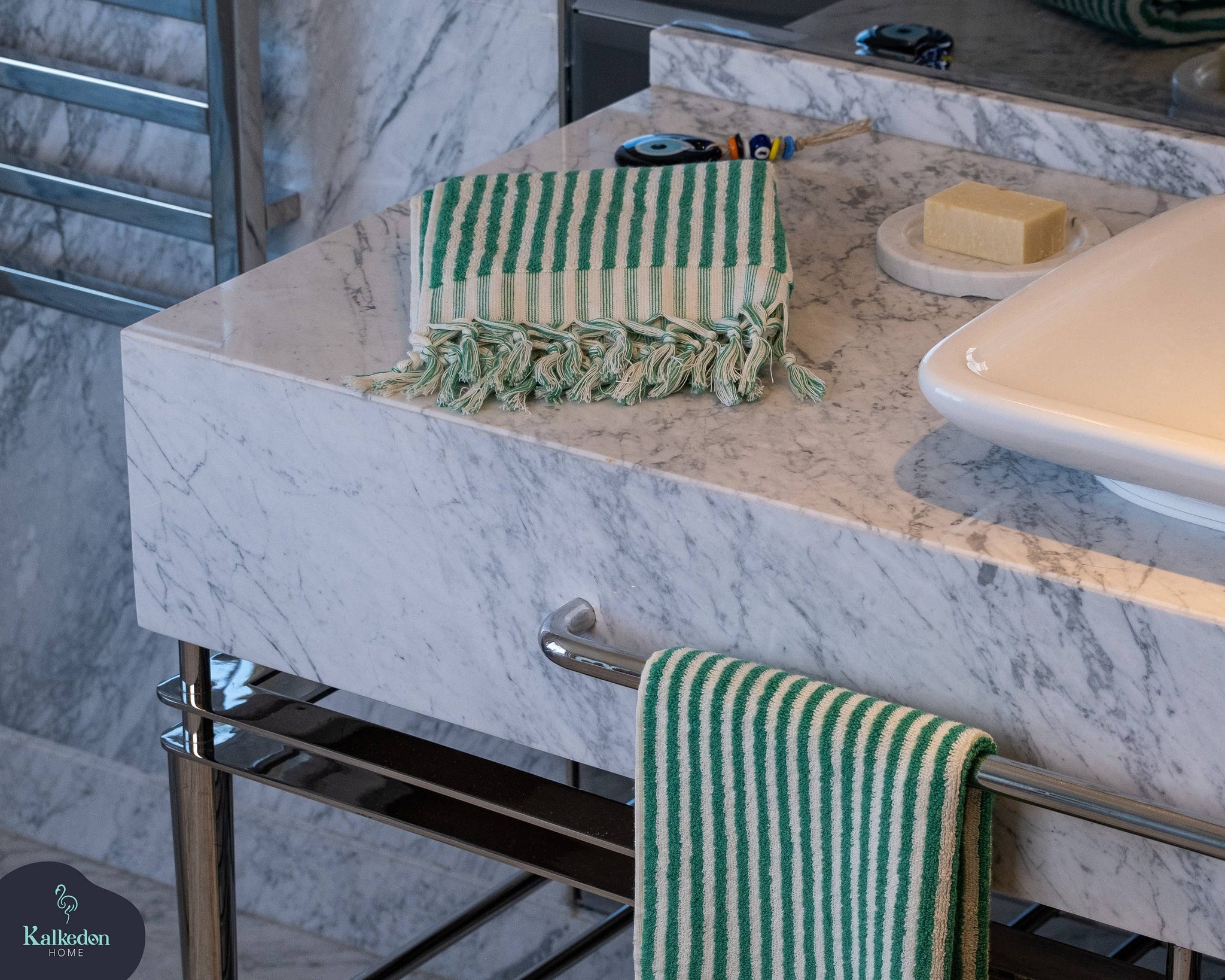 Green Striped Hand + Bath Towel Set