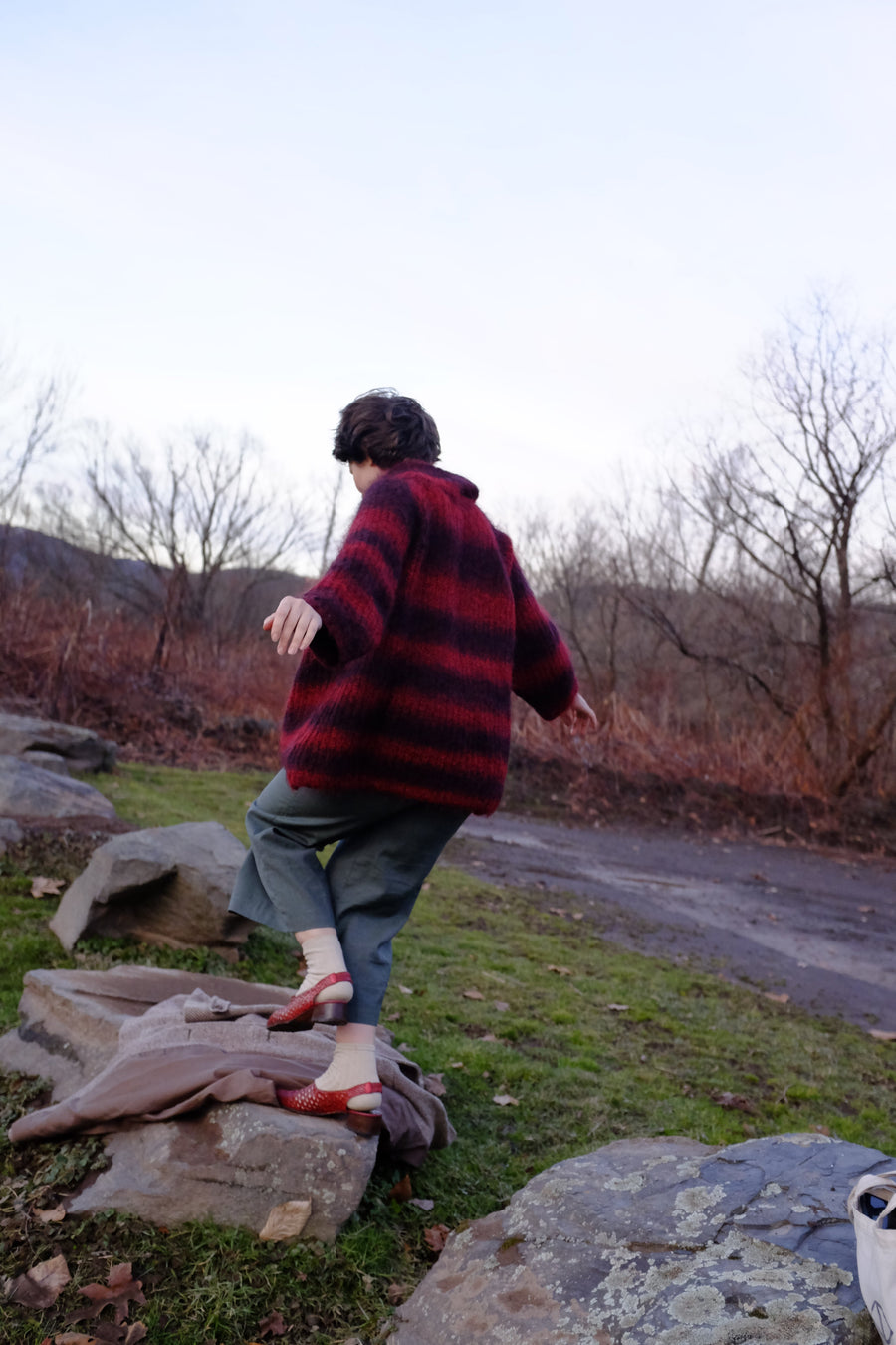 Red and Black Striped Angora Fuzzy Sweater
