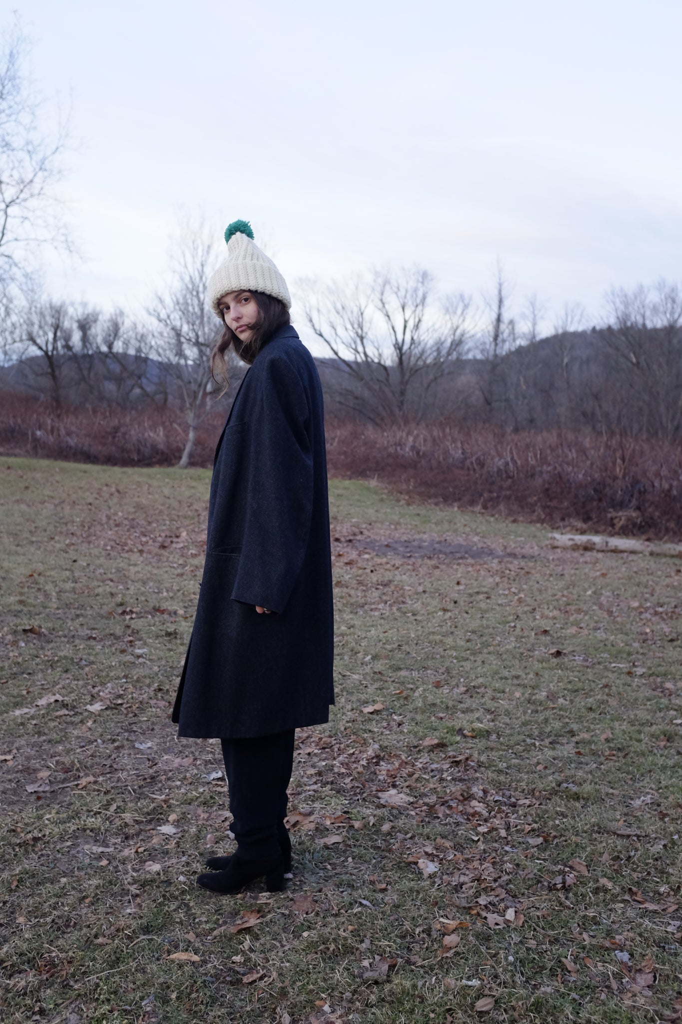 Knit Cap with Green Pompom