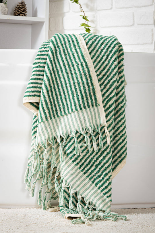 Green Striped Hand + Bath Towel Set