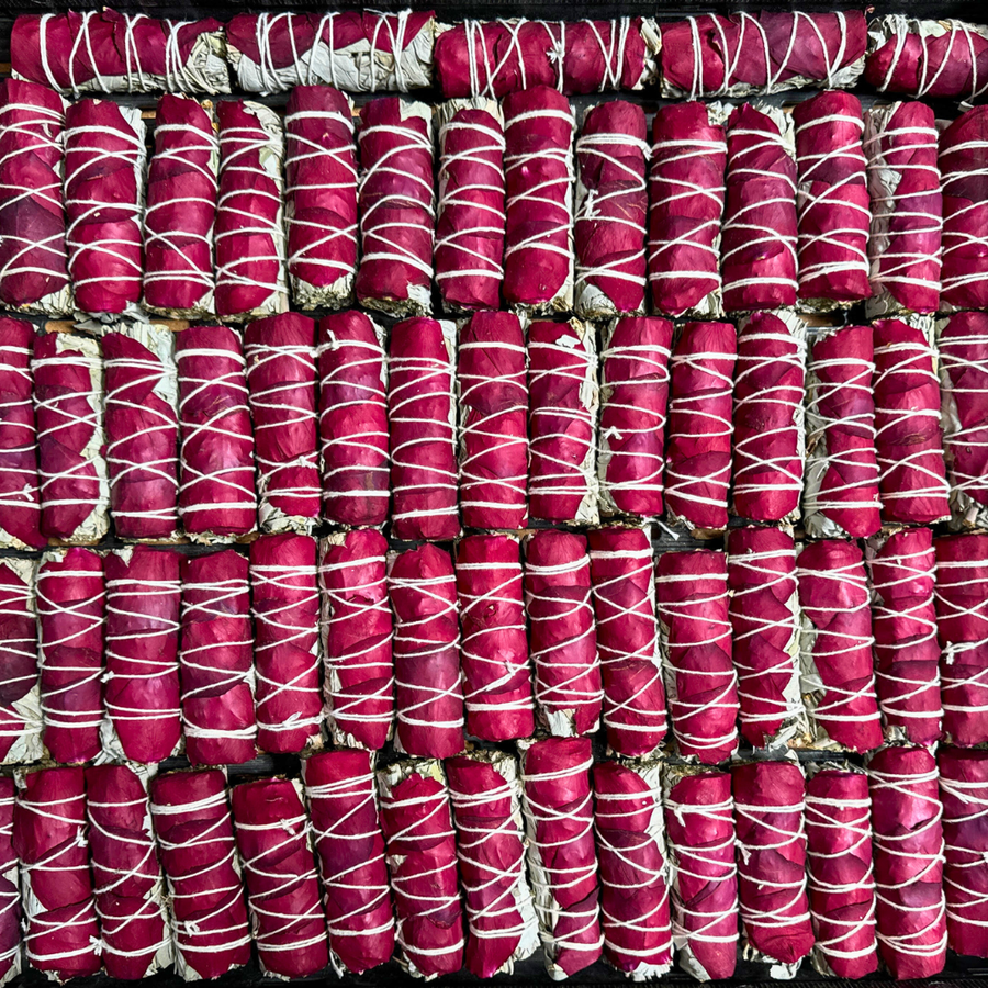 White Sage Smudge Wands with Red Rose Petals